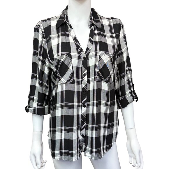 BCX Black & White Plaid Button-Up Shirt Roll-Tab Sleeves & Split Back Hem Sz XL - Picture 1 of 7